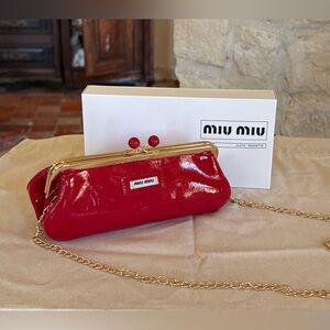 Miu Miu Glossy Red Clutch with Gold Chain